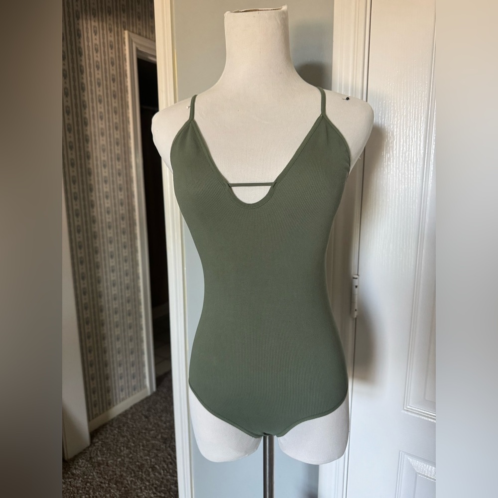 Free People Movement Olive Green Ribbed Spaghetti-Strap Bodysuit in size XS/S